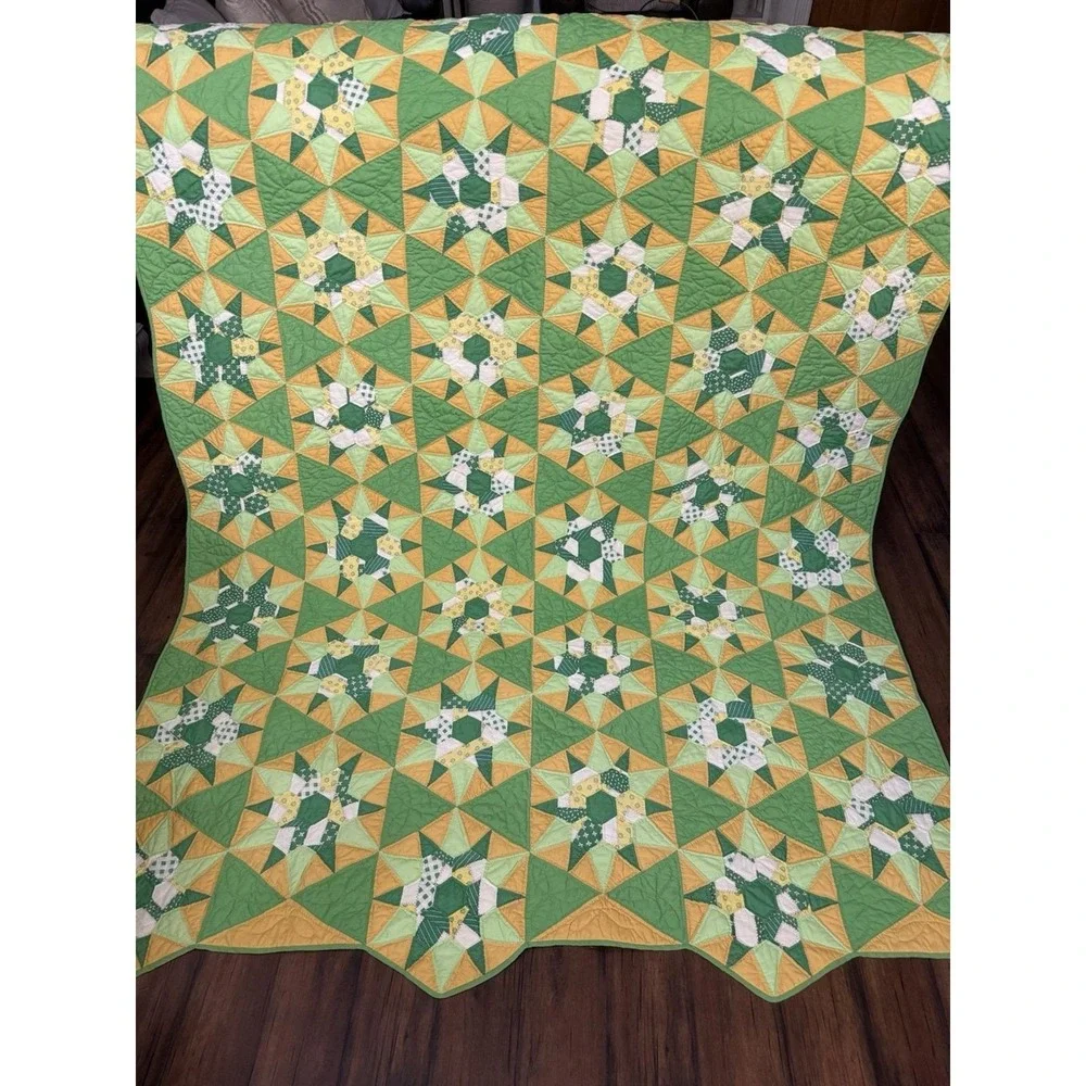 Vintage Hand Made Nine Patch Star Quilt‎ 5'x8' Green Yellow Quilted Twin Double